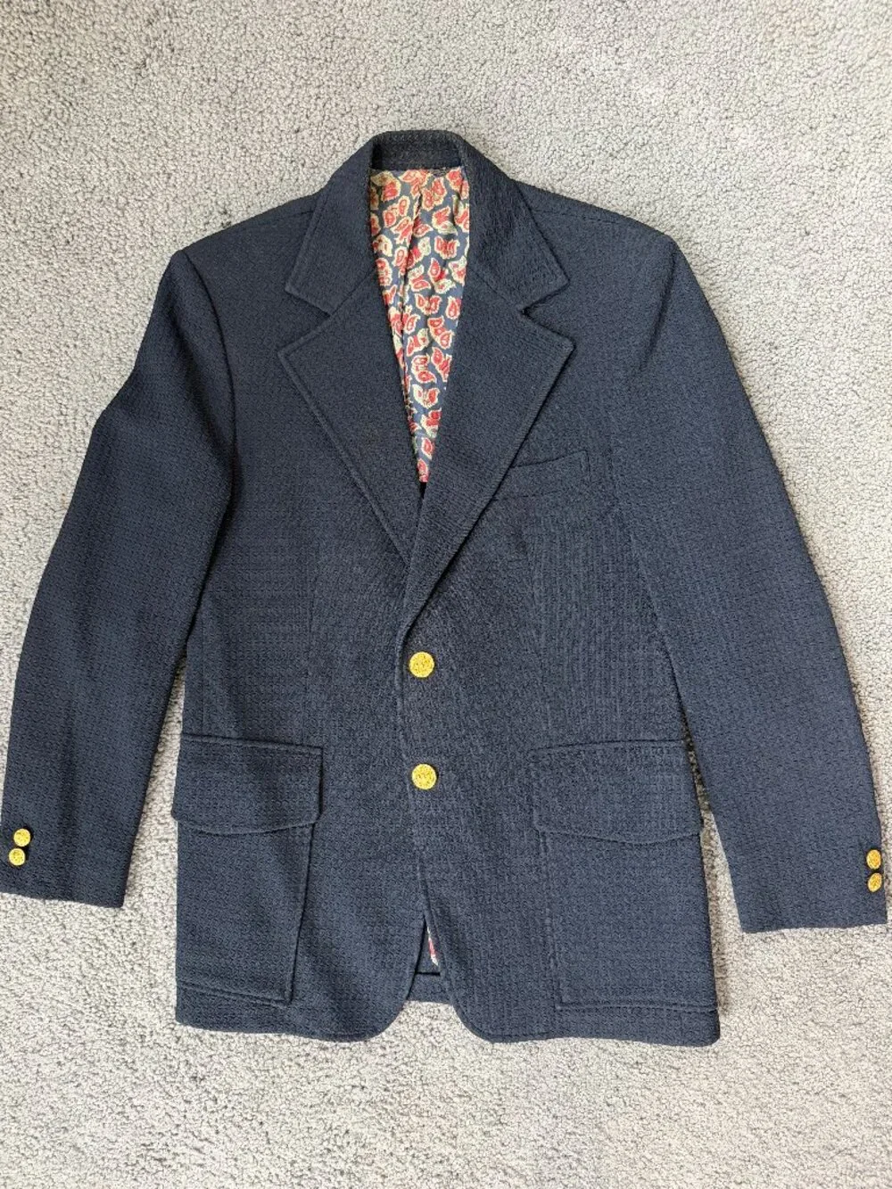 Vintage 70s Johnny Carson Blazer Navy Gold Button Paisley Lining - Sz. 38R -VGUC